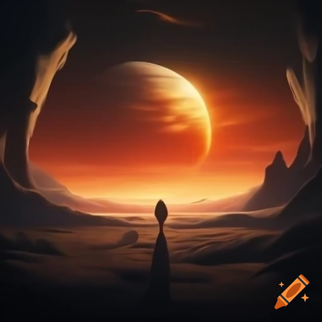 Sunset warrior emerging from arctic wasteland at dusk with golden and pink sky