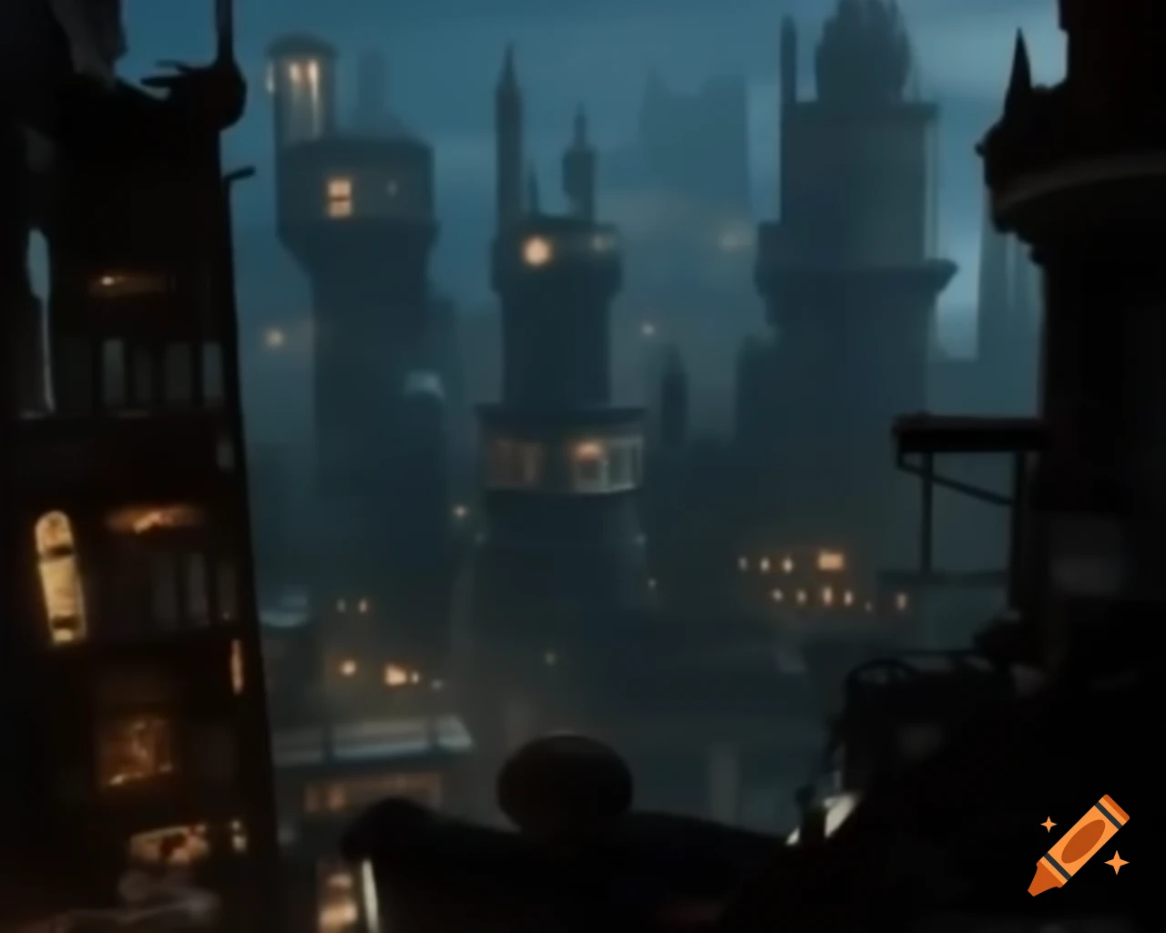 Alternate history cityscape with skyscrapers of rusted metal and intricate clockwork