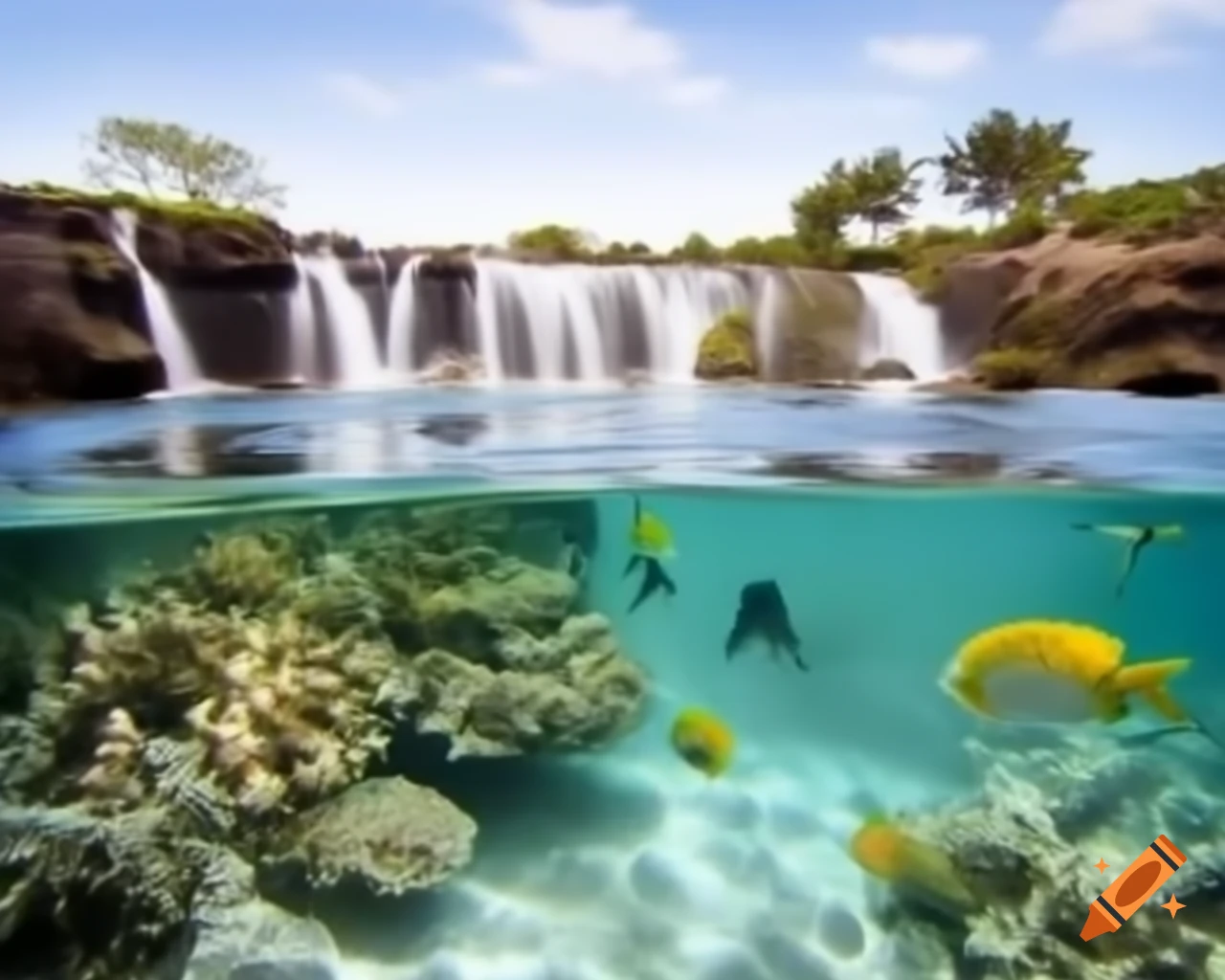 Waterfall flowing into coral reef with dogs near the edge