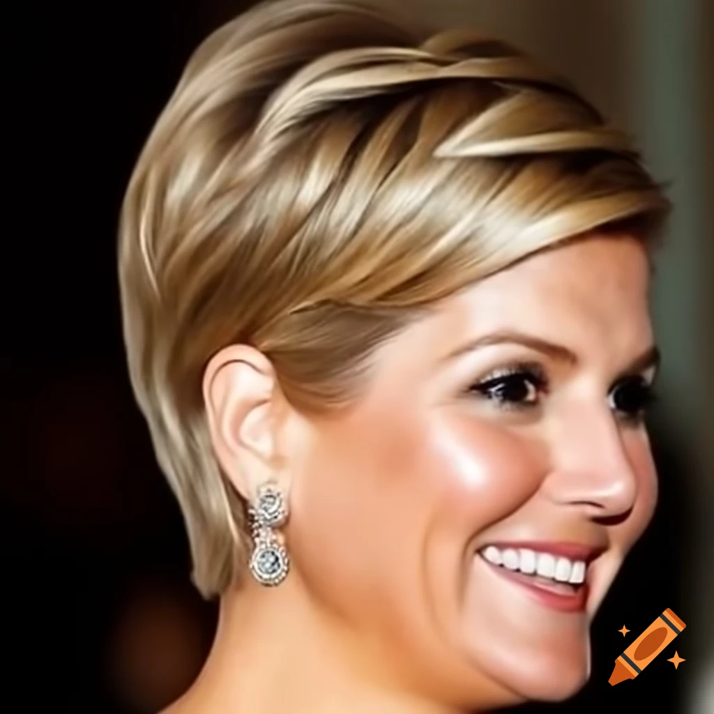 Queen Maxima showcasing a bold short pixie cut with clippered back and sides