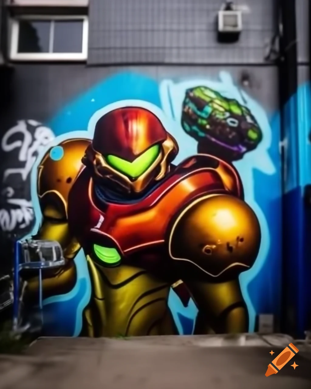 Graffiti art of Metroid Samus on a wall