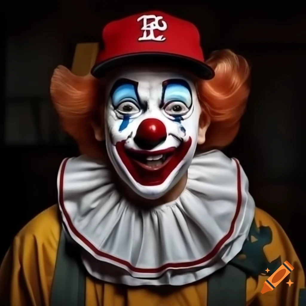 Clown wearing a red baseball cap
