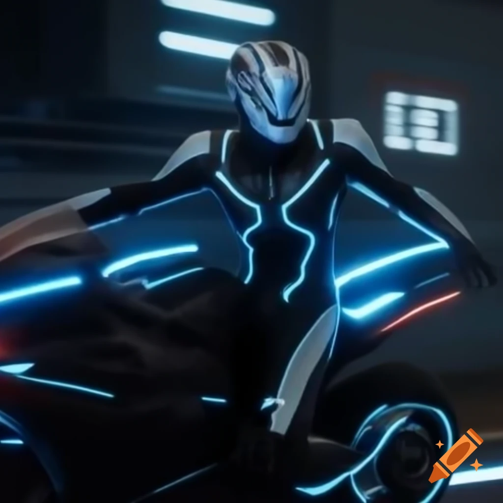Tron Legacy character dodging bullet on motorcycle