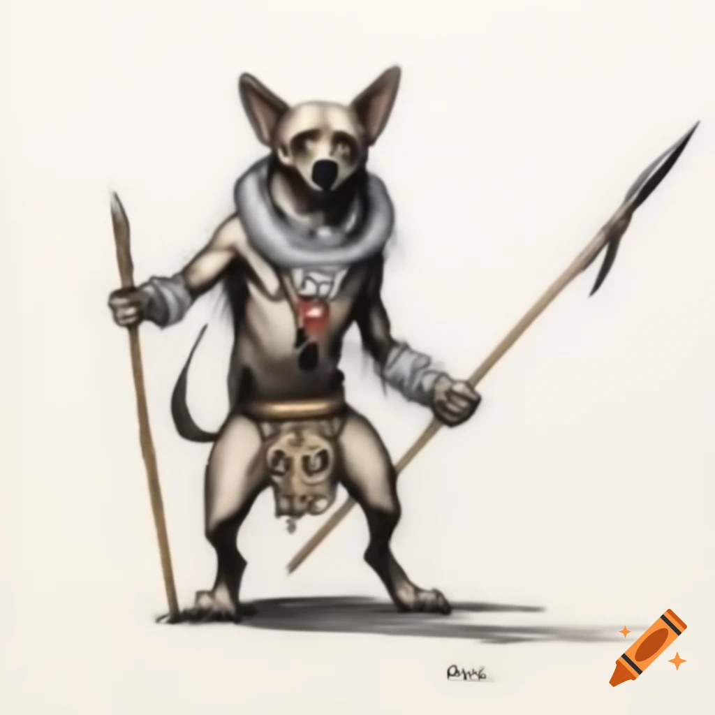 Hyper realistic anthropomorphic chihuahua in tribal clothing wielding spear in Simon Bisley art style