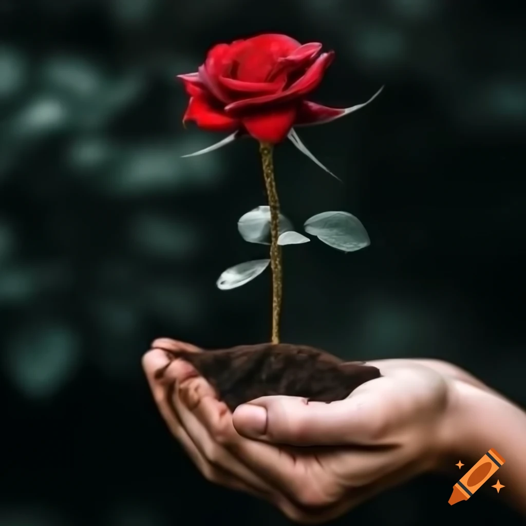 Hand cradling vibrant red rose plant, symbolizing care and artistry