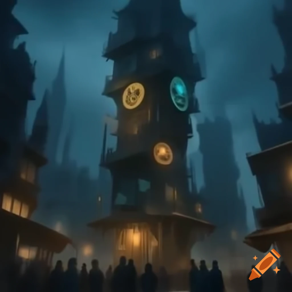 Steampunk city tower sign reading 'Welcome to Gearhaven'