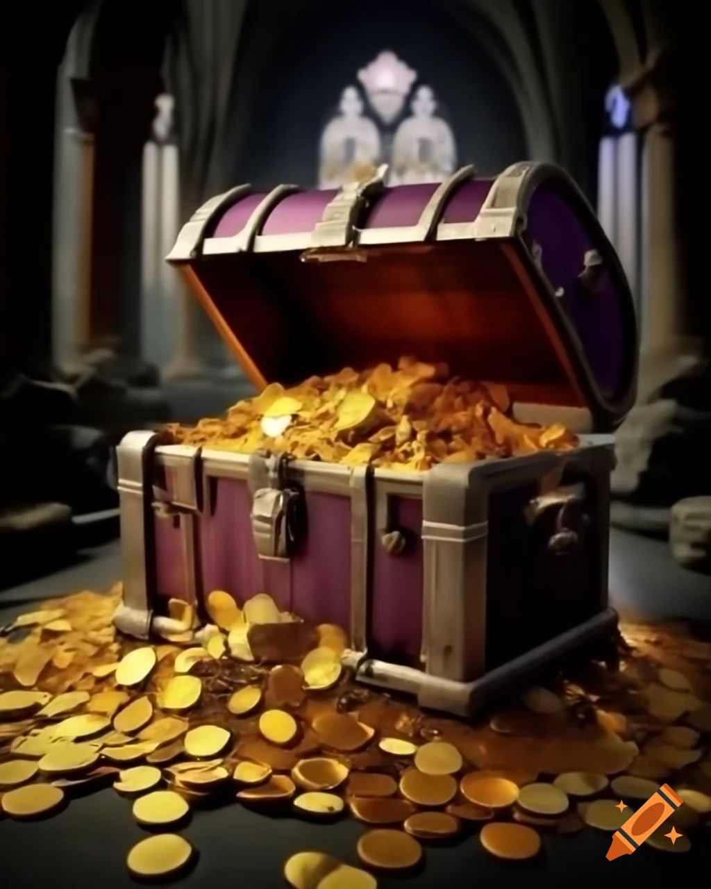 Worn treasure chest overflowing with gold coins in ancient vault with vines and jewels