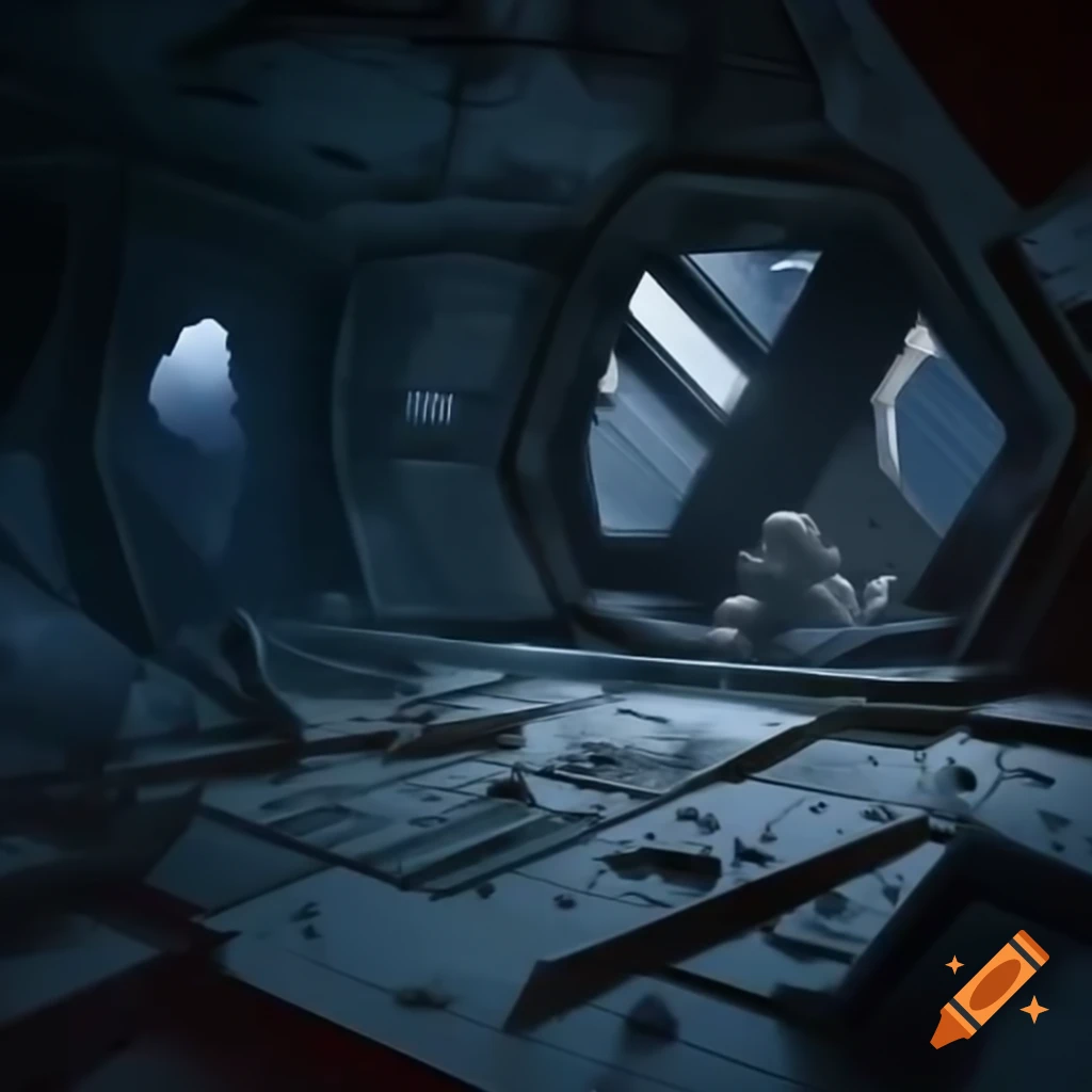 Defunct machinery in crumbling space station interior with void of space visible