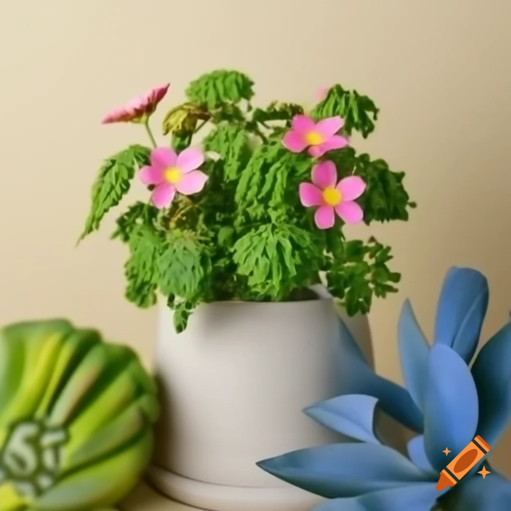 Colorful arrangement of green, pink, yellow, grey, and blue plants