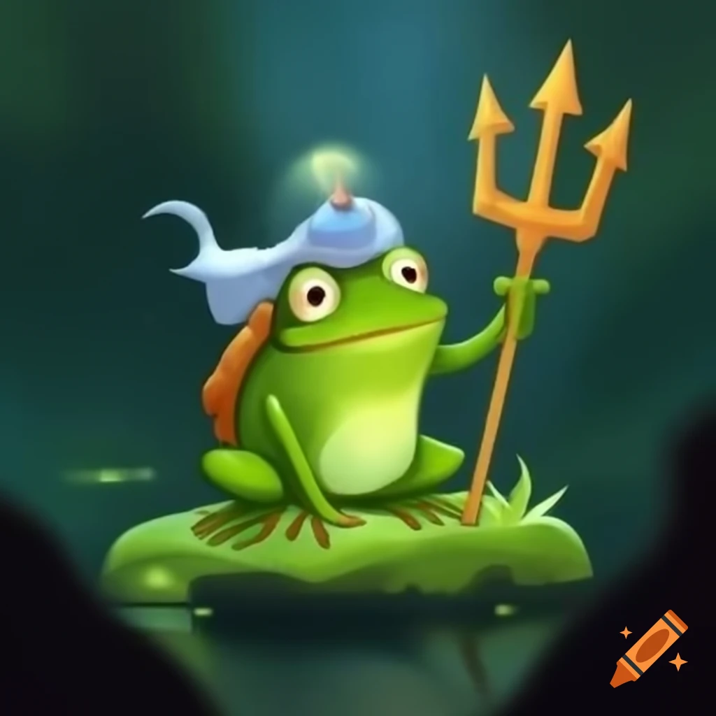 Frog holding Neptune's trident in a celestial setting
