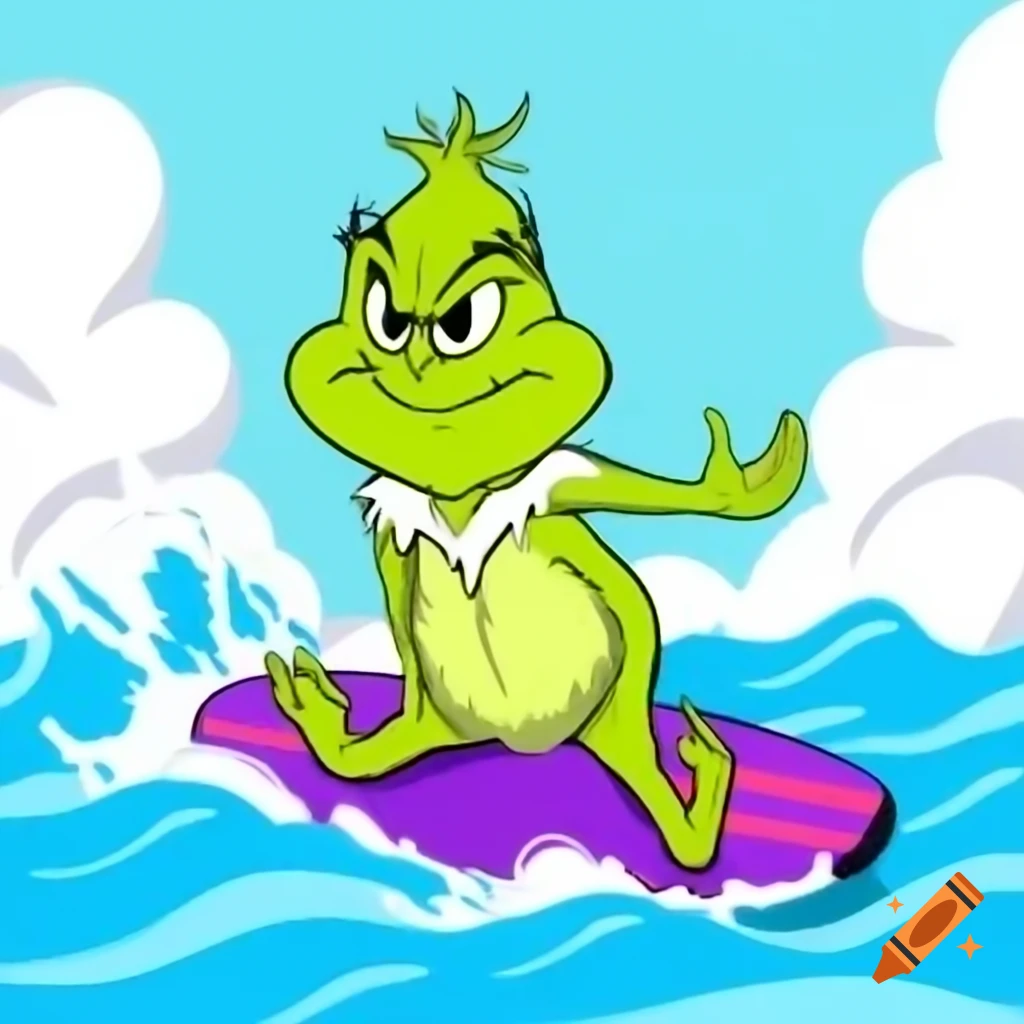 Grinch surfing on a surfboard