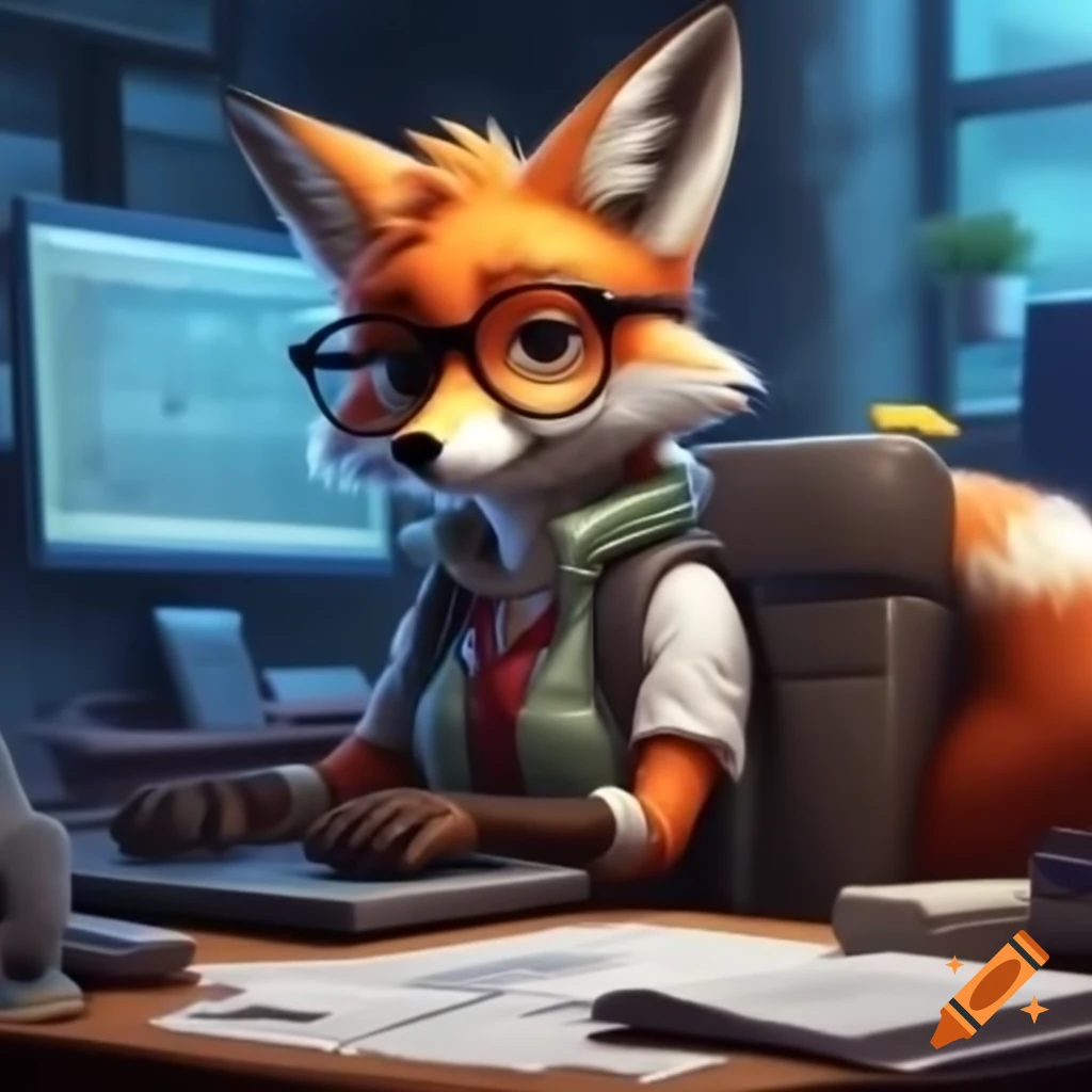 Tech-savvy foxgirl studying blueprints with charts near computer