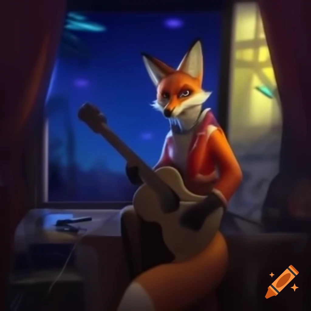 Fox in Dead Space costume sitting by window with guitar in the evening