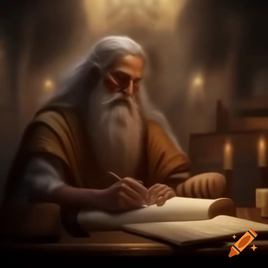 Divine figure whispering to a man writing