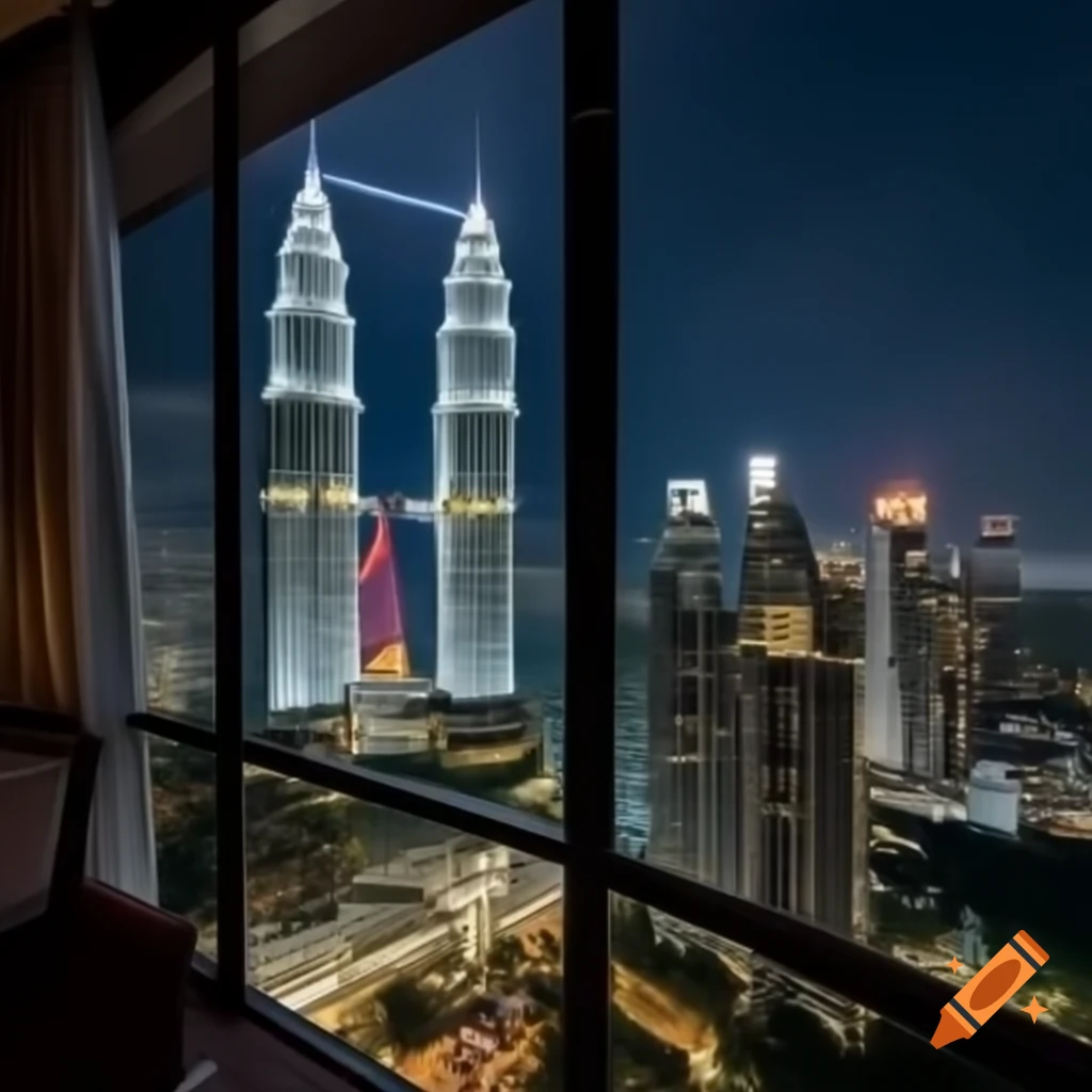 Cozy hotel bedroom with view of Kuala Lumpur twin towers at night