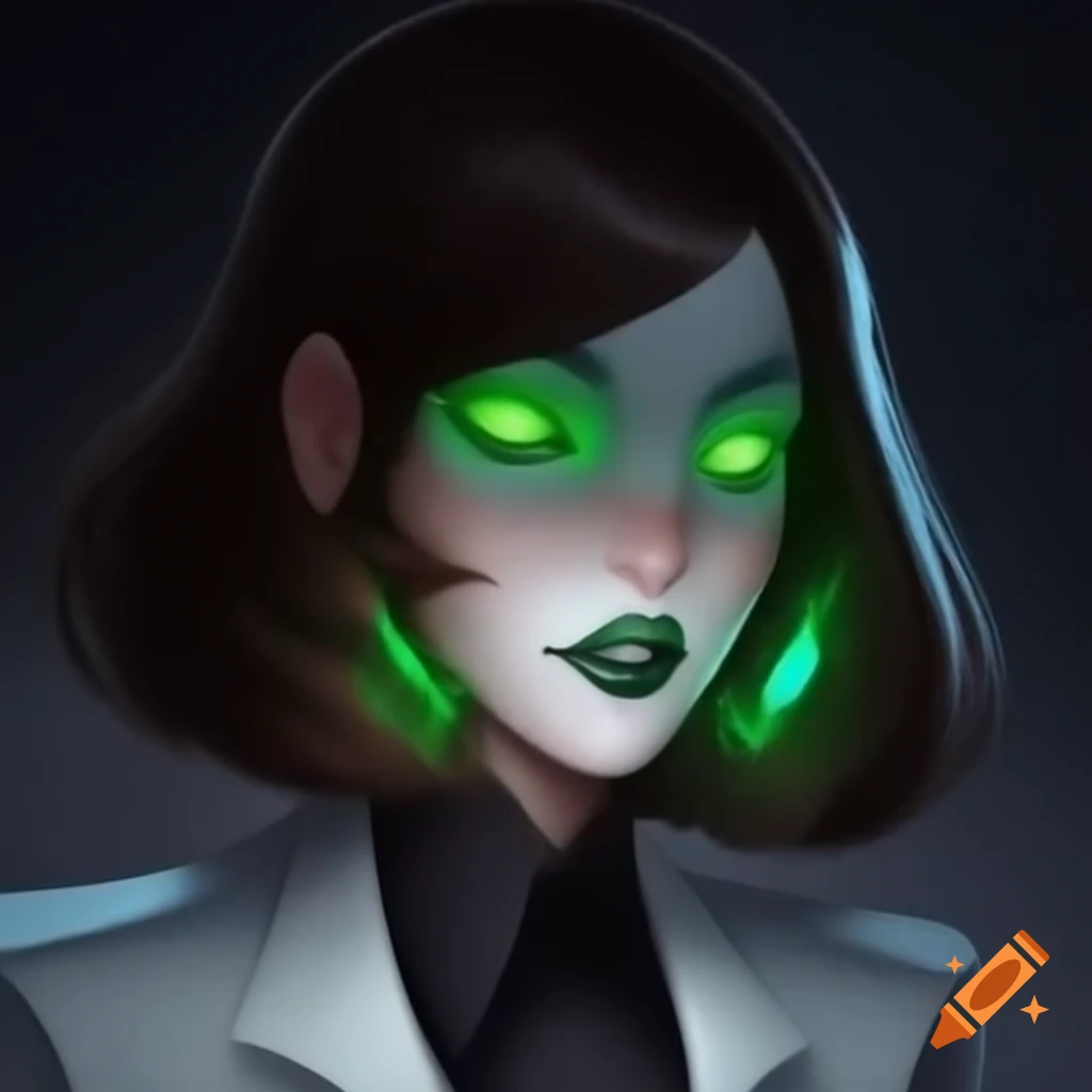 Woman with glowing green eyes and white mask in a secretary suit