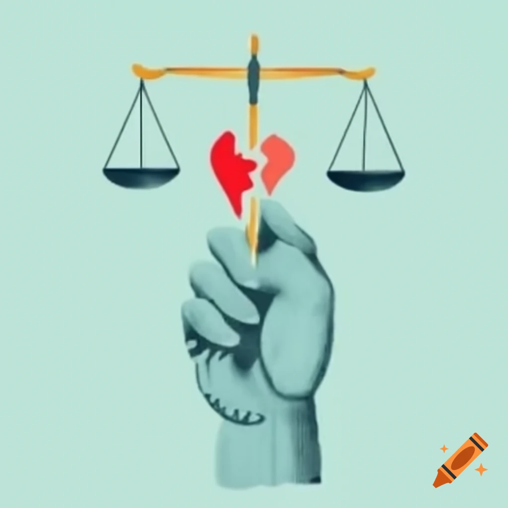 Abstract representation of scales symbolizing law and a broken heart