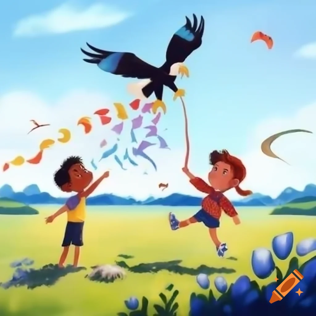 Children playing with eagles as kites