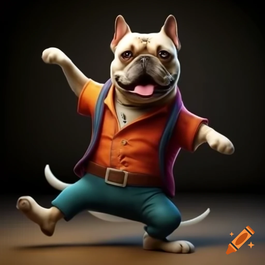 Adorable dog in vibrant dancer's outfit in joyful pose