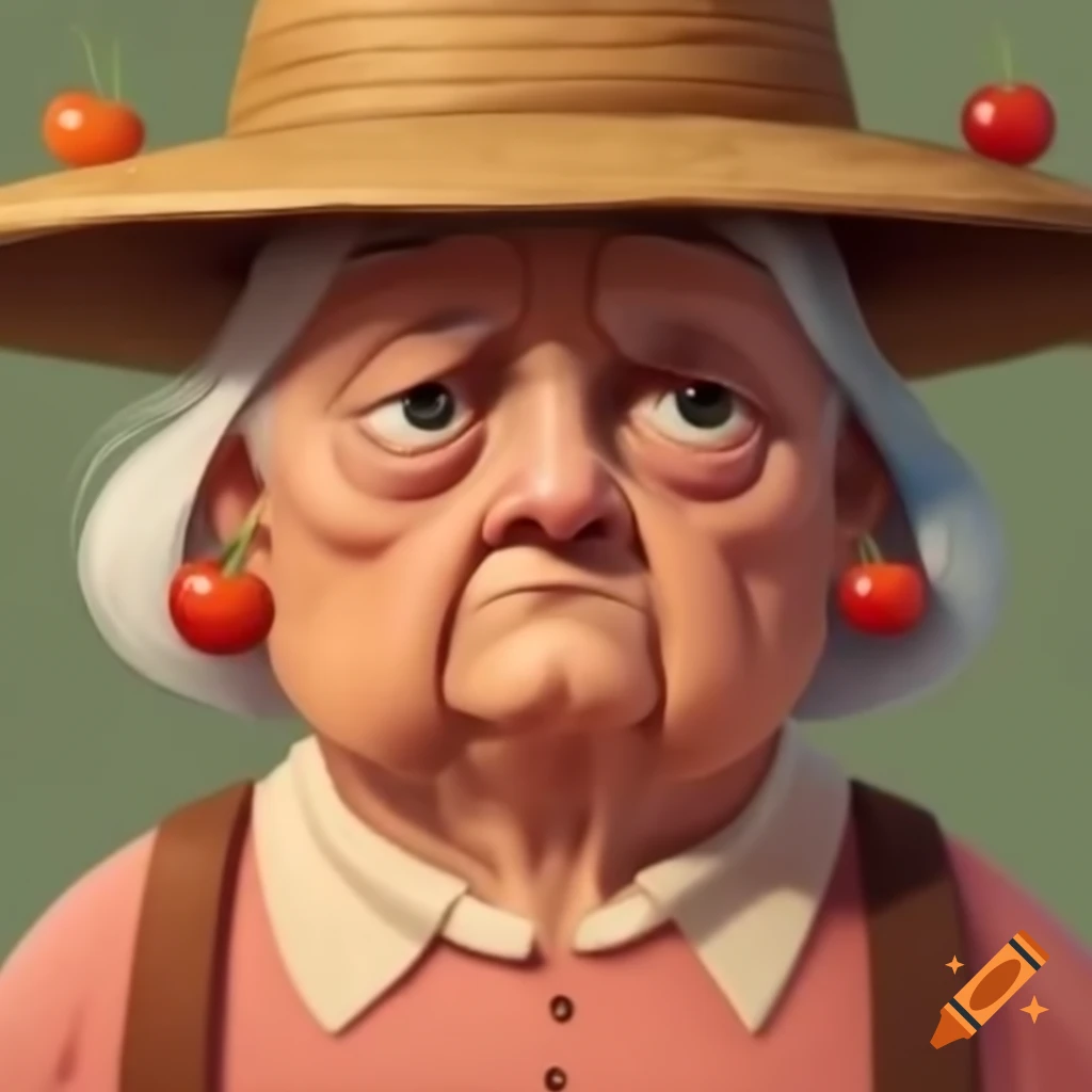 Old American woman with flat nose and narrow eyes wearing old clothes and a crushed straw hat