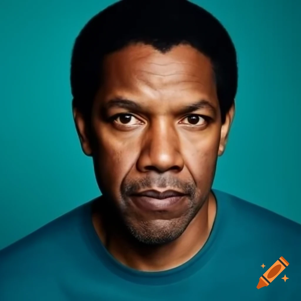 Denzel Washington in teal t-shirt against teal background