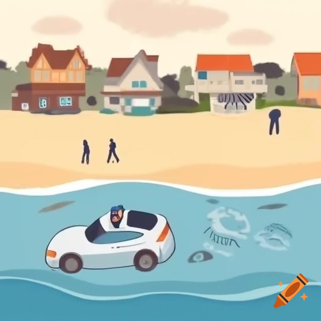 Aerial view of beach sunset with houses, people, and police car