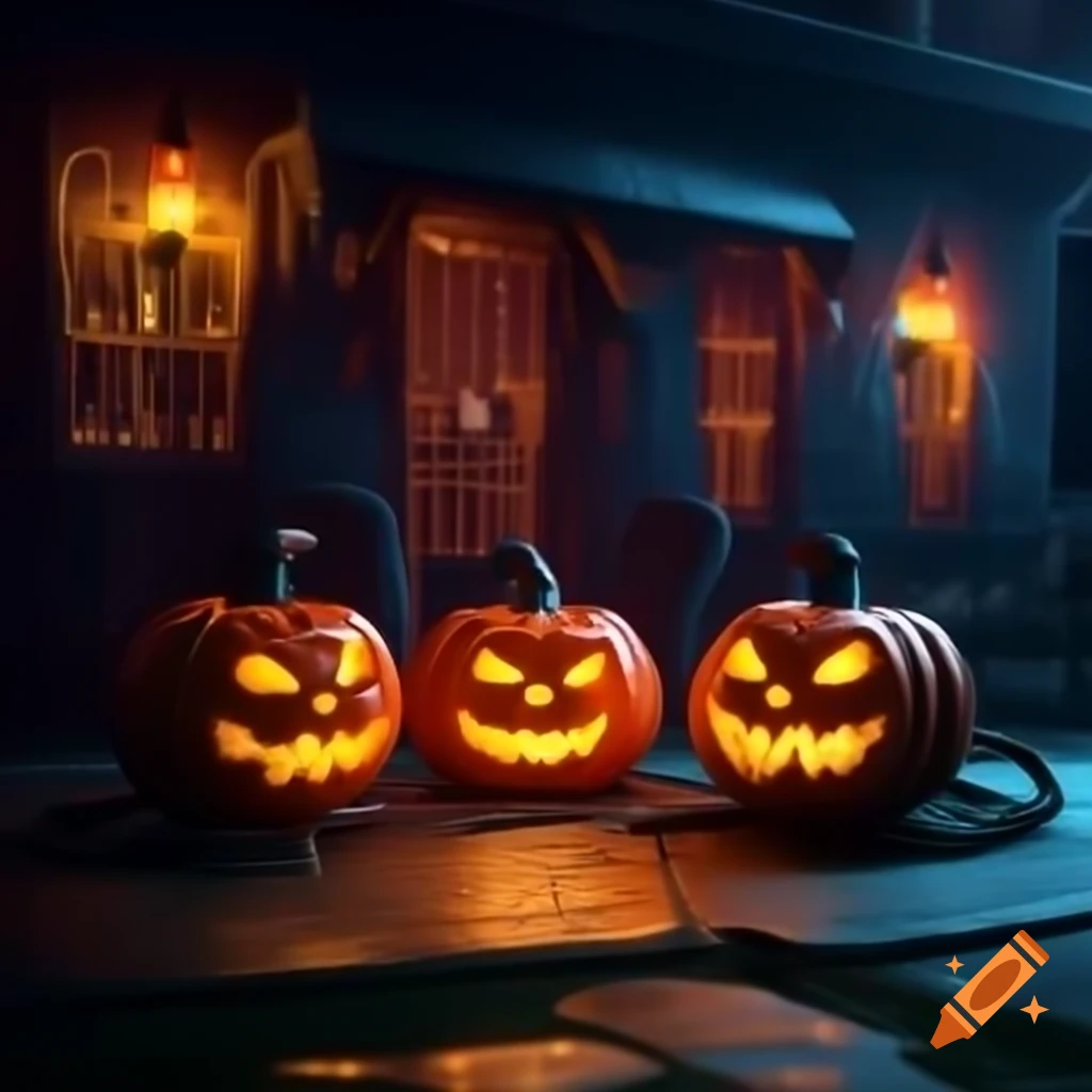 Two spooky orange Halloween pumpkins by fire pit in neon punk style