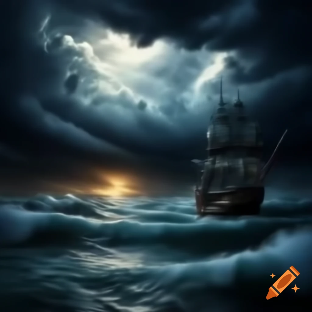 Dramatic ocean scene with pirate ship battling storm and lightning