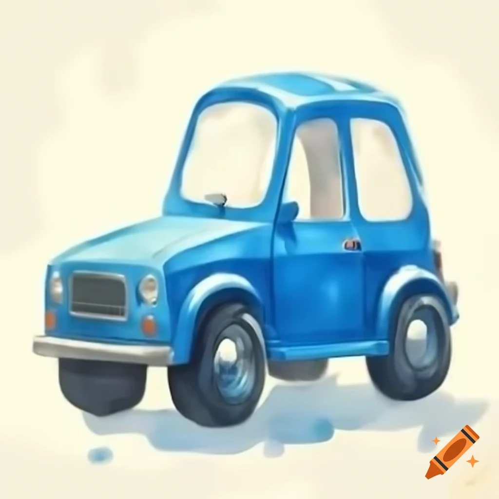 Cartoonish blue toy car on white background, watercolor style
