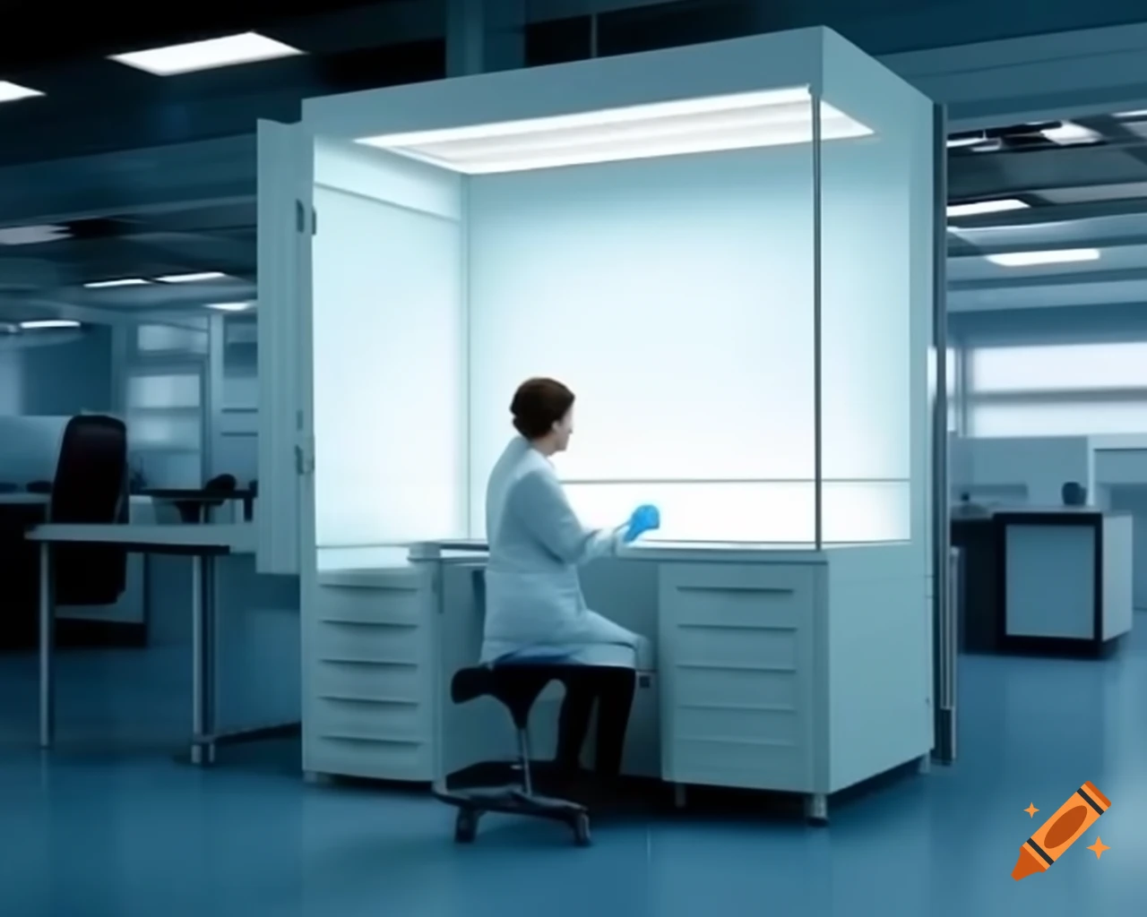 Modern laboratory with APEX-2 fume cupboard and middle-aged female scientist