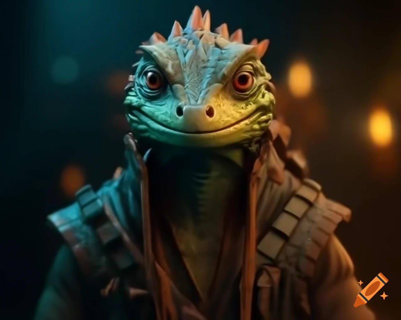 Anthro fantasy lizard traveler in tribal clothing cinematic shot with dynamic lighting