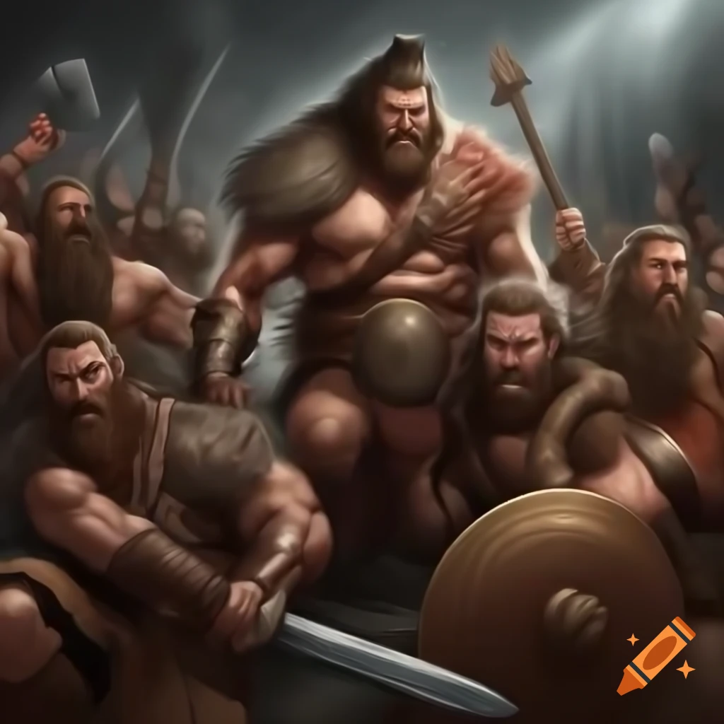Group of barbarian warriors preparing for battle in dark fantasy setting