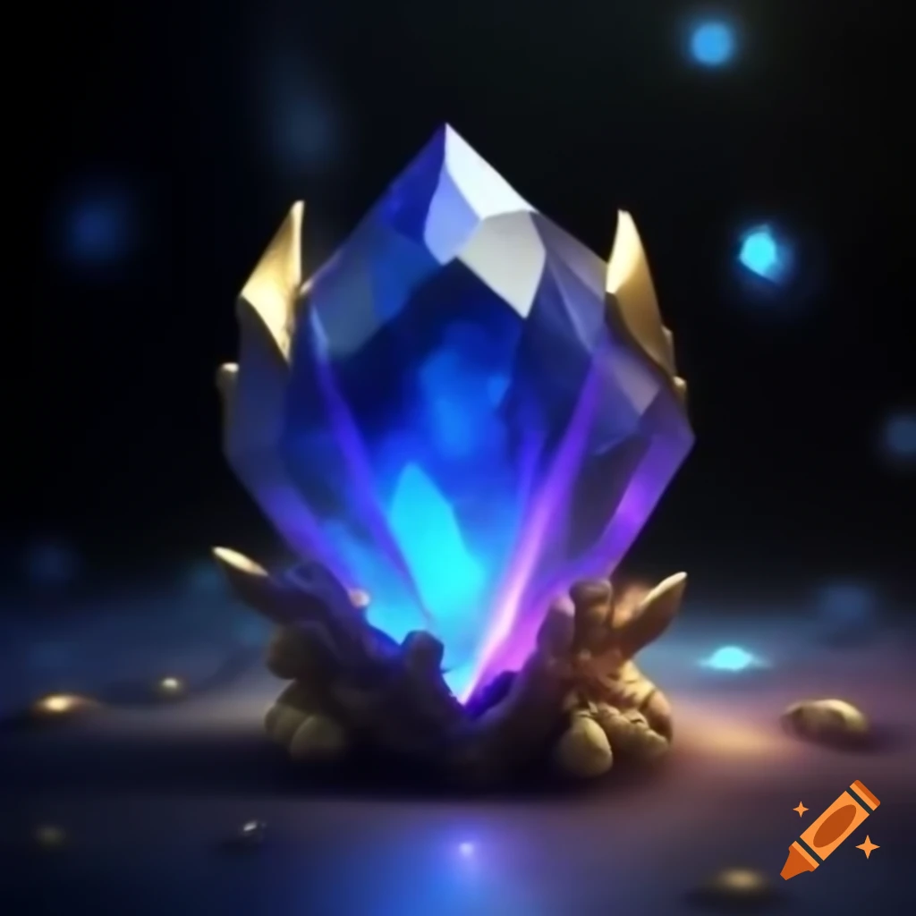 Magical blue gemstone with gold and purple glow, mystical and beautiful