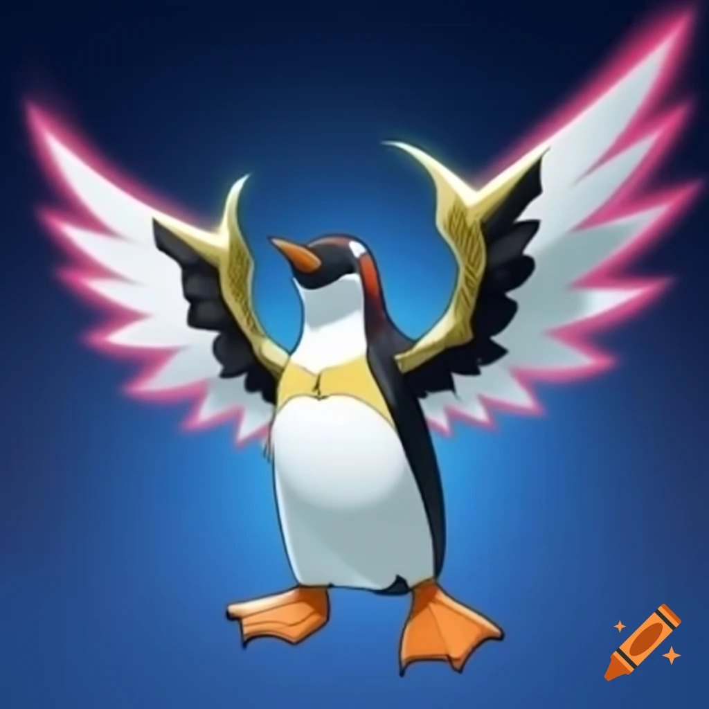 Penguin with angelic wings in Yu-Gi-Oh art style