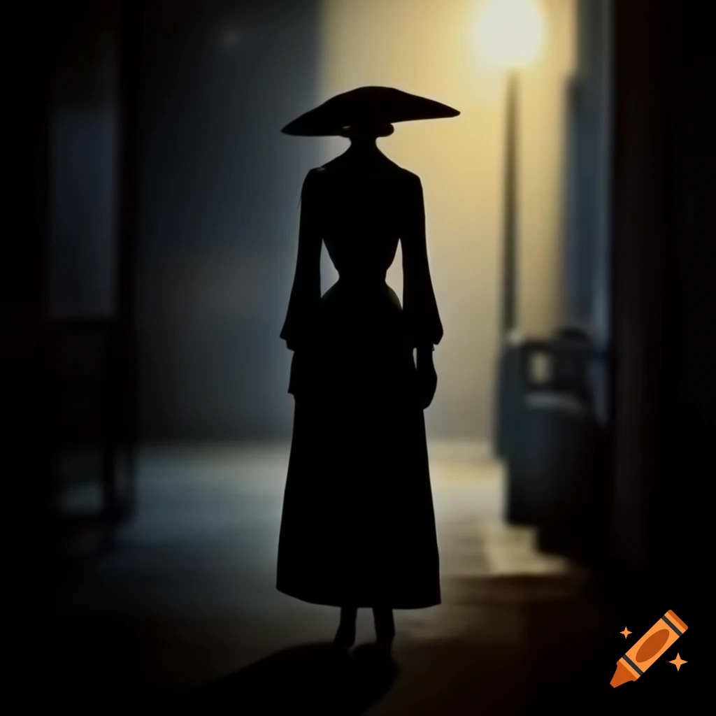 Tall woman in long black dress and wide-brimmed hat under streetlight on Craiyon Tall woman in long black dress and wide-brimmed hat under streetlight on Craiyon