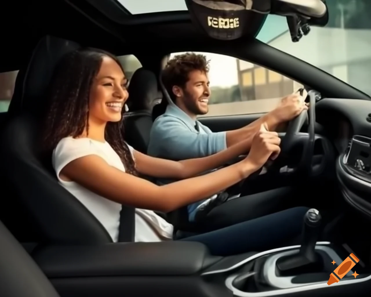 Fashionable car for driving school with happy driver