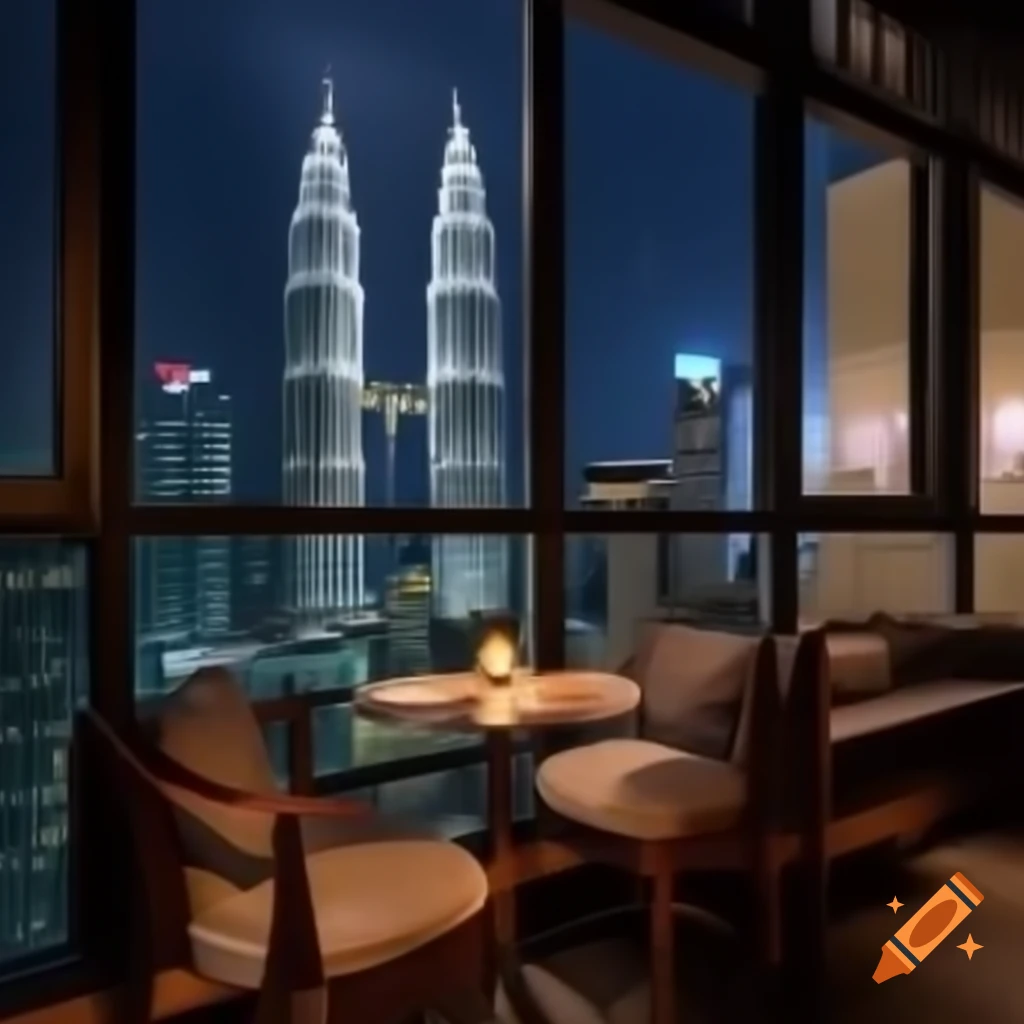 Cozy hotel bedroom with view of Kuala Lumpur twin towers at night