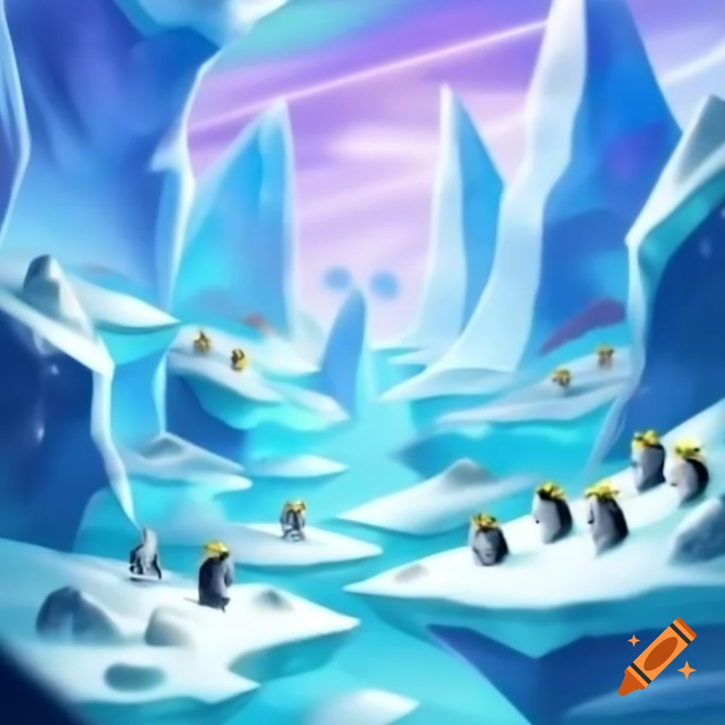 Mystical arctic landscape with tiny penguins in Yu-Gi-Oh art style