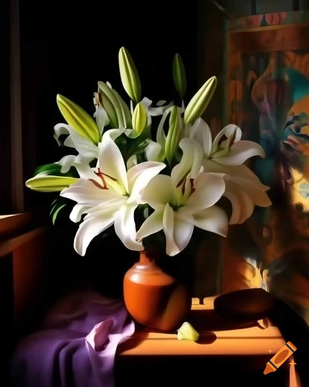 White lilies in vase illuminated by sunlight with colorful vintage tapestry background