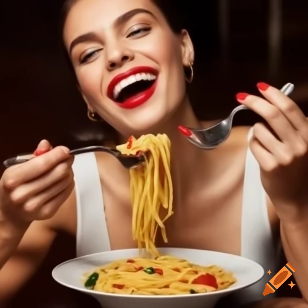 Italian model enjoying a plate of pasta
