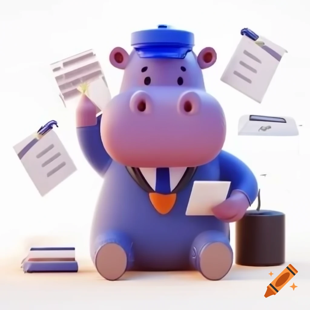 3D cartoon hippo character in uniform managing tax documents against white background