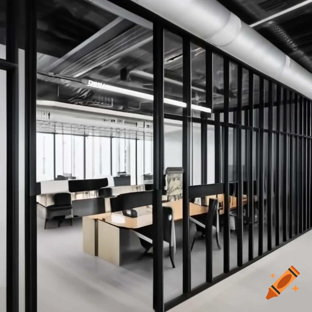 Interior design of military office building with black aluminum partitions emphasizing strength and durability