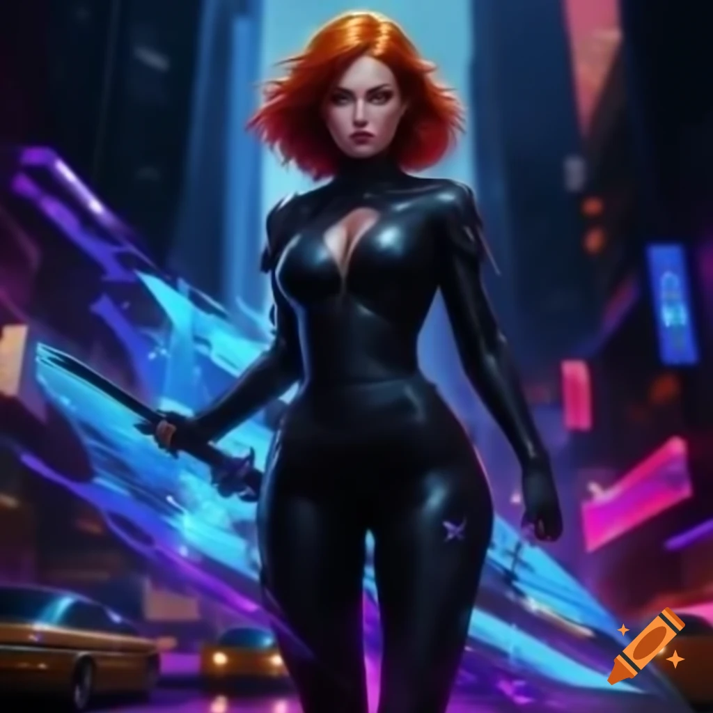 Redhead woman in black jumpsuit with neon highlights flying in dystopian city wielding cyber sword