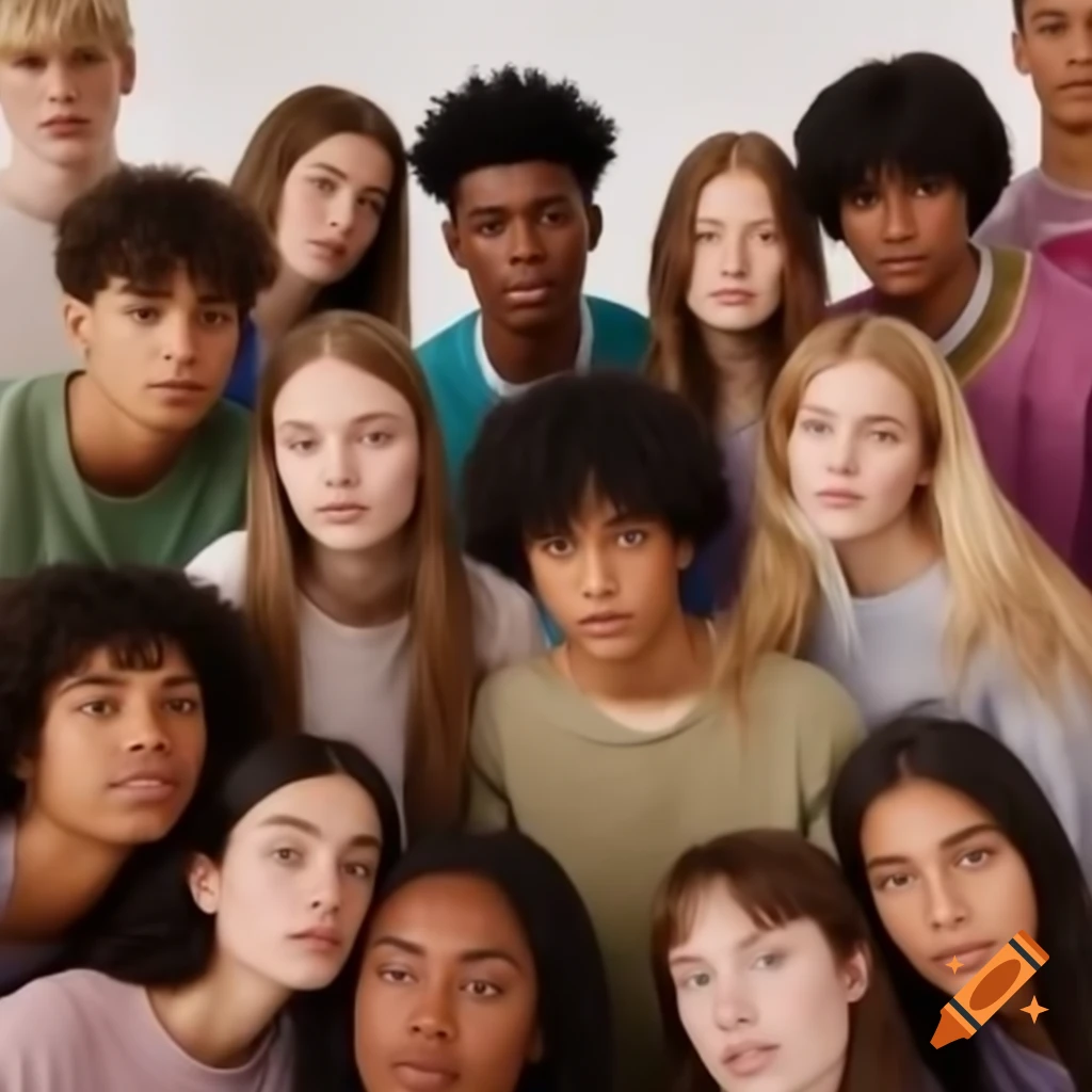 Group of 20 mixed ethnicity students aged 20-30 in a colorful setting