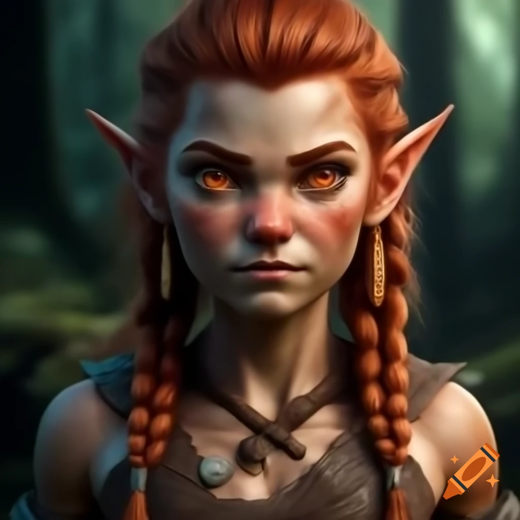 Beautiful muscular gnome barbarian with red hair and freckles in forest