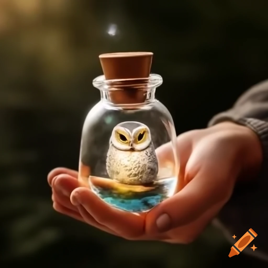 Enchanted owl-shaped glass vial potion with a mystical charm