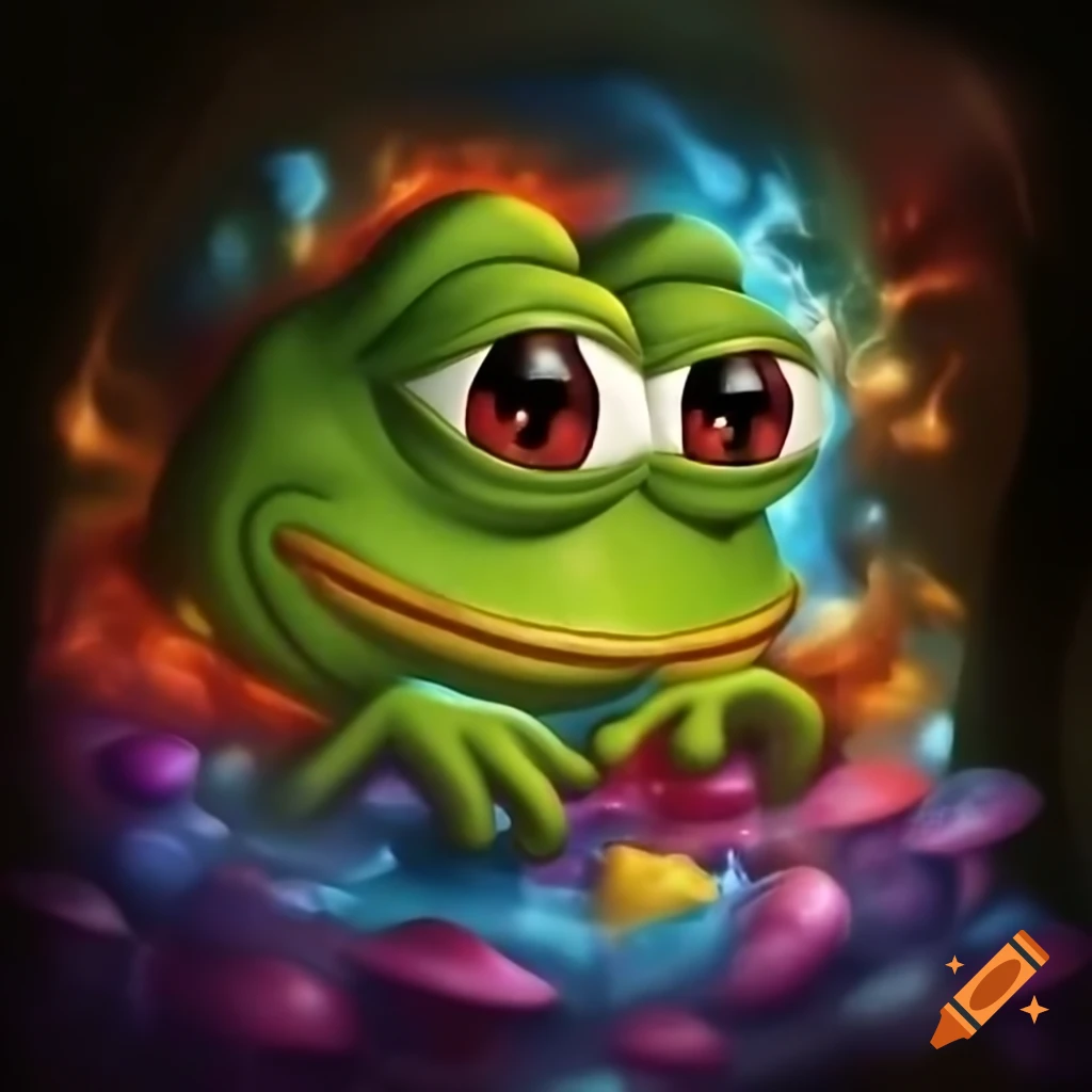 Mischievous Pepe the frog peeking from a crockpot with rainbow swirls in magical realm