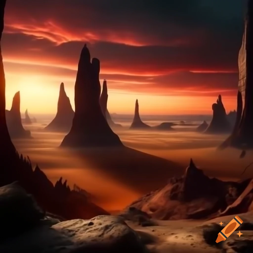 Alien landscape with jagged rock formations and glowing plants under red-orange sunset