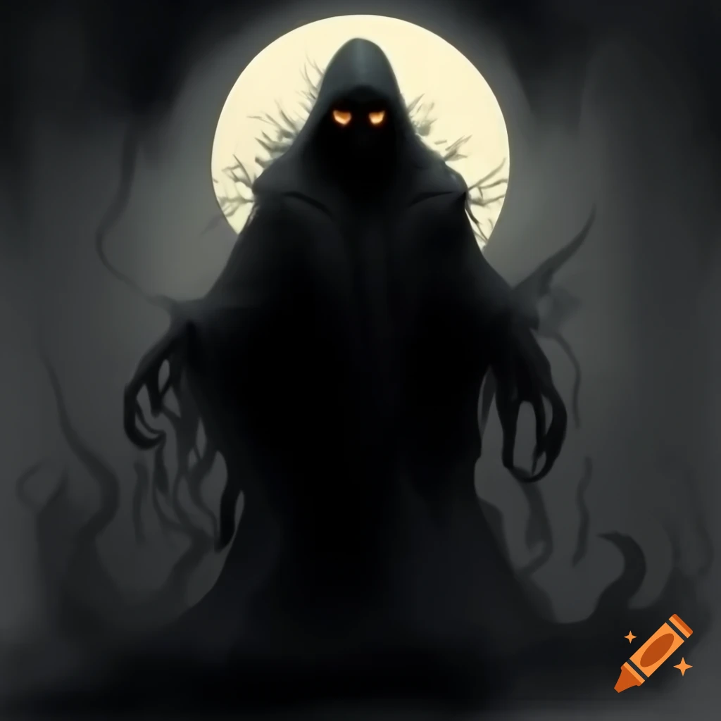 Malevolent shadow entity with glowing orange eyes illuminated by moonlight