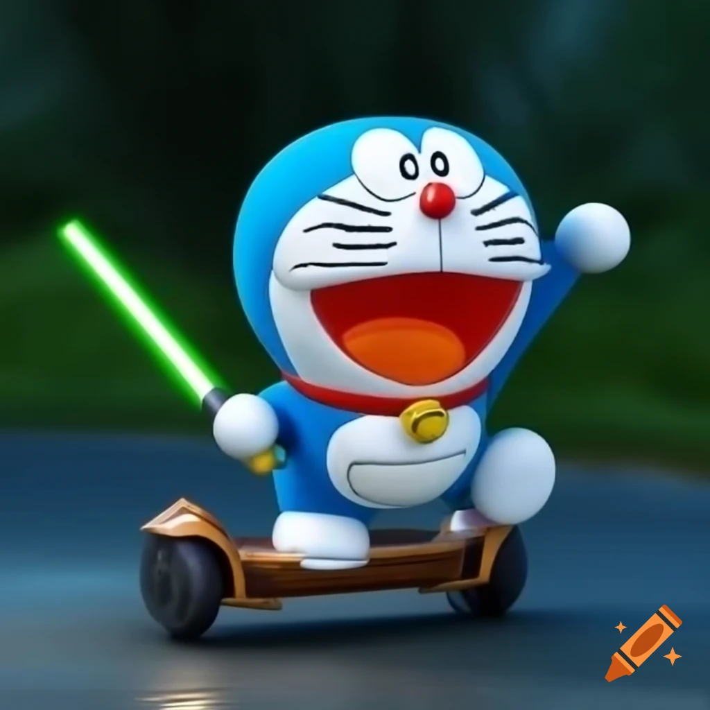 Doraemon on hoverboard wielding a lightsaber